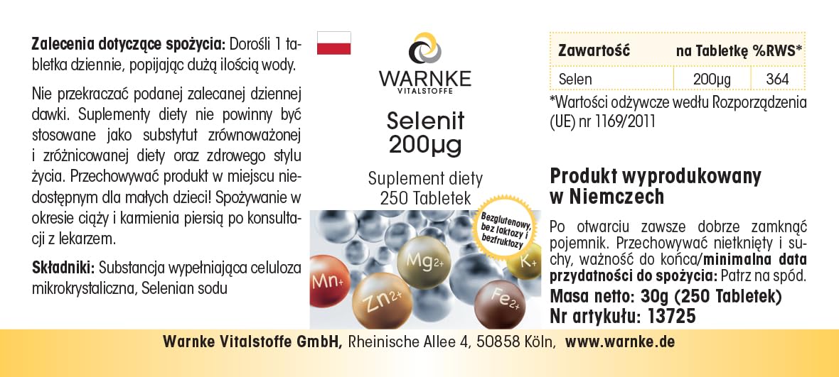Selenite 200μg - 250 compresse - 200μg di selenio per compressa - Selenito di sodio - ALTO DOSAGGIO - Qualità farmaceutica tedesca - Vegano | Warnke Vitalstoffe