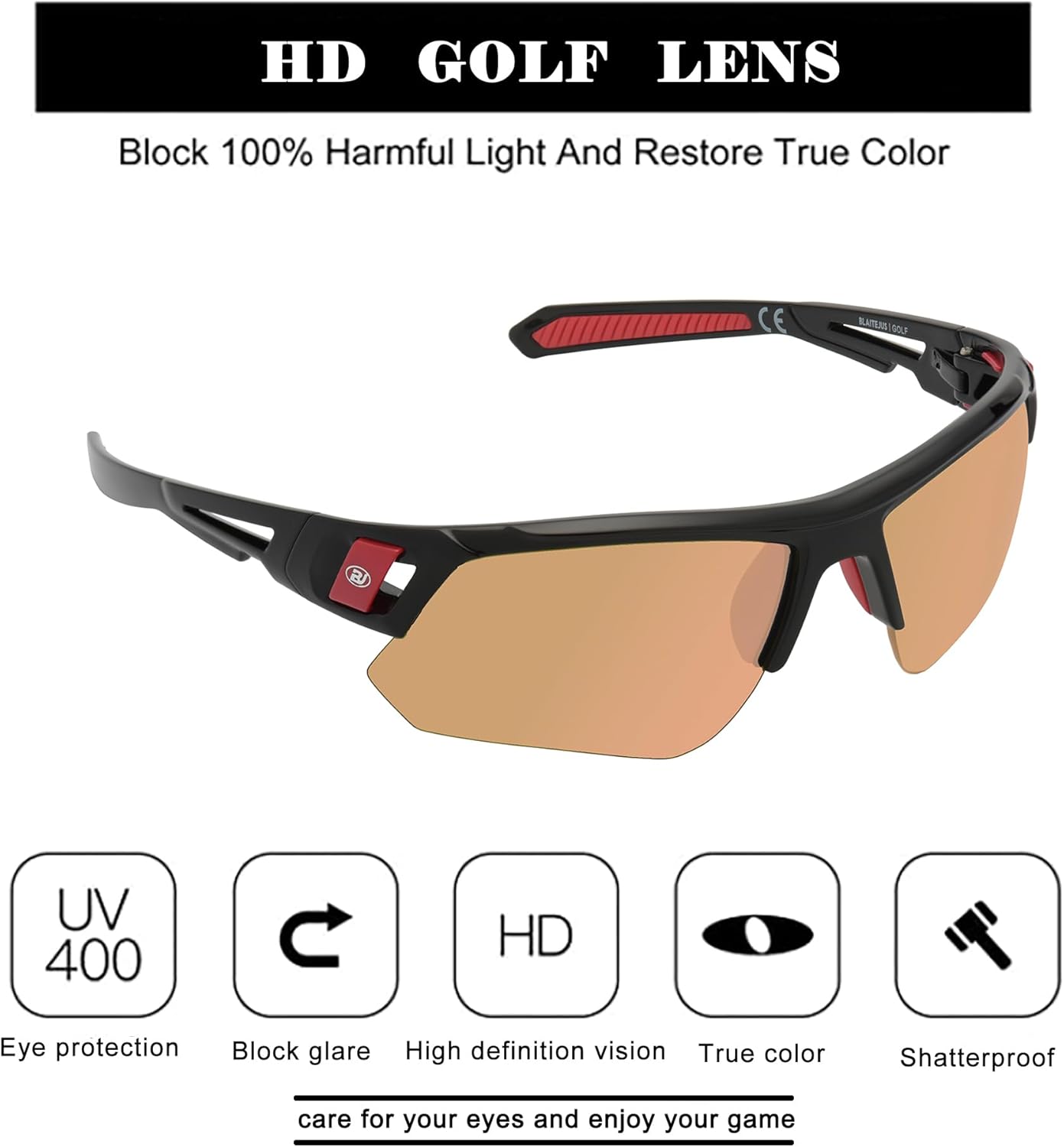 Golf Sunglasses for Men Women Wrap Semi-Rimless Sports Sunglasses Golfing Shades UV400 Protection Sun Glasses - Image 2