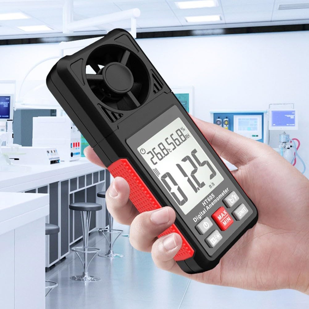 Zoegneer HT605 Digitales Anemometer, Hand-Temperaturtester, Thermometer mit hintergrundbeleuchtetem LCD-Display, tragbares ABS-Gehäuse, 7 Einheiten-Modi, Min-Funktion für Akkus