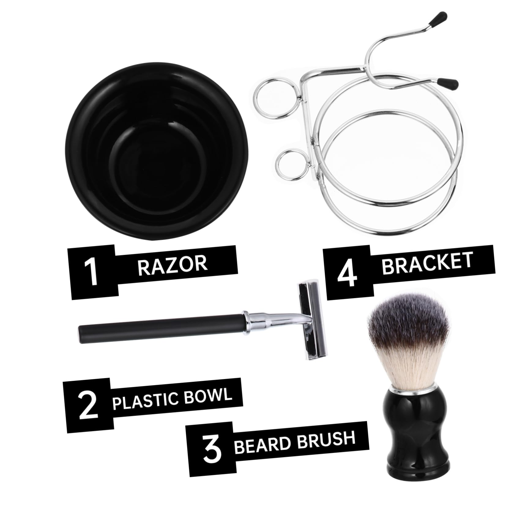 Set Rasoio Barba Stand e Ciotola in Acciaio Inox 4 Pezzi