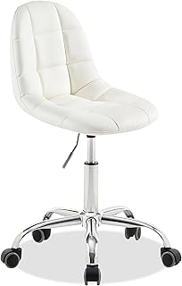 VECELO Armless PU Leather Vanity & Desk Chair, Mid-Back Height‑Adjustable Swivel Chair with Wheels, 330 Lbs Capacity, White