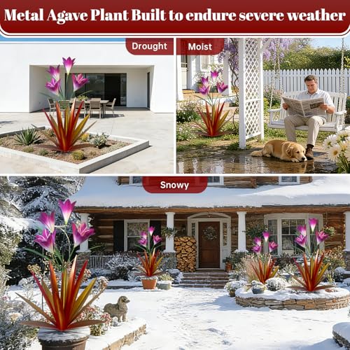 Image of TOMBABY 32.28 Inch Metal Agave Plant Outdoor Decoration Lily Mexican Yard Art Garden Gift Home Decor Hand Painted Metal Agave Garden Yard Statue (2pc, Red)