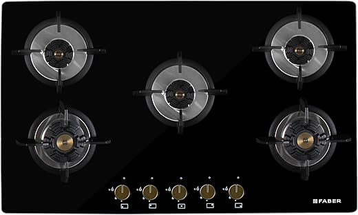 Faber Hob/Hobtop 5 Brass Burner Auto Electric Ignition Glass Top (Maxus HT905 CRS BR CI AI) Black