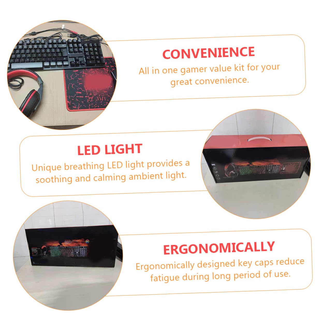 Pack Teclado y Ratón Gaming con Auriculares y Alfombrilla, Iluminación RGB, Material ABS, Diseño Ergonómico para Juegos