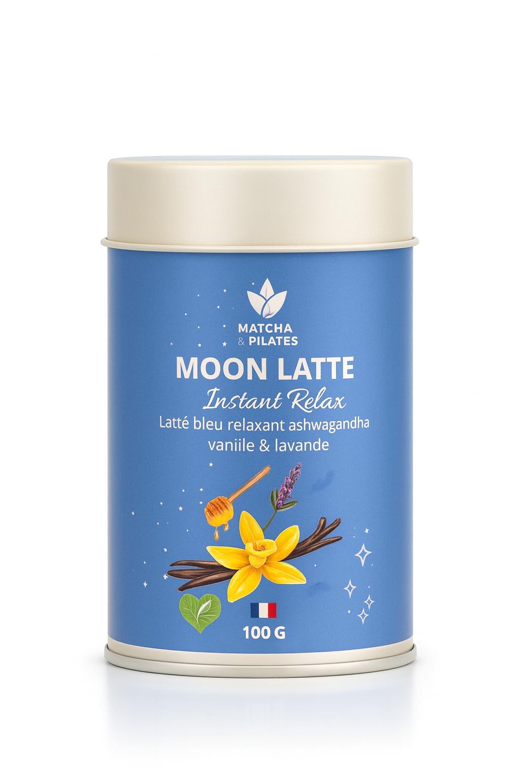 Matcha & Pilates Moon Latte Relax – Latte Bleu à l’Ashwagandha – Vanille & Lavande – Boisson Bien-Être Sans Caféine – 100 g