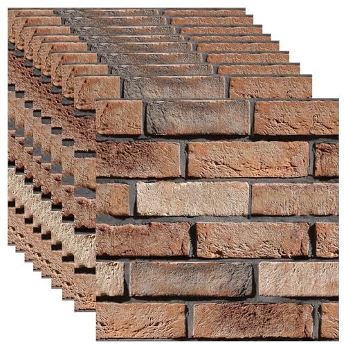 Veczom 3D Wall Panels Peel and Stick - 10 Pack Brick Textured PVC Panels, Waterproof Self-Adhesive Wall Tiles for Accent Walls, Kitchen, Bathroom, Bedroom & Office Decor (Large Brown Brick)