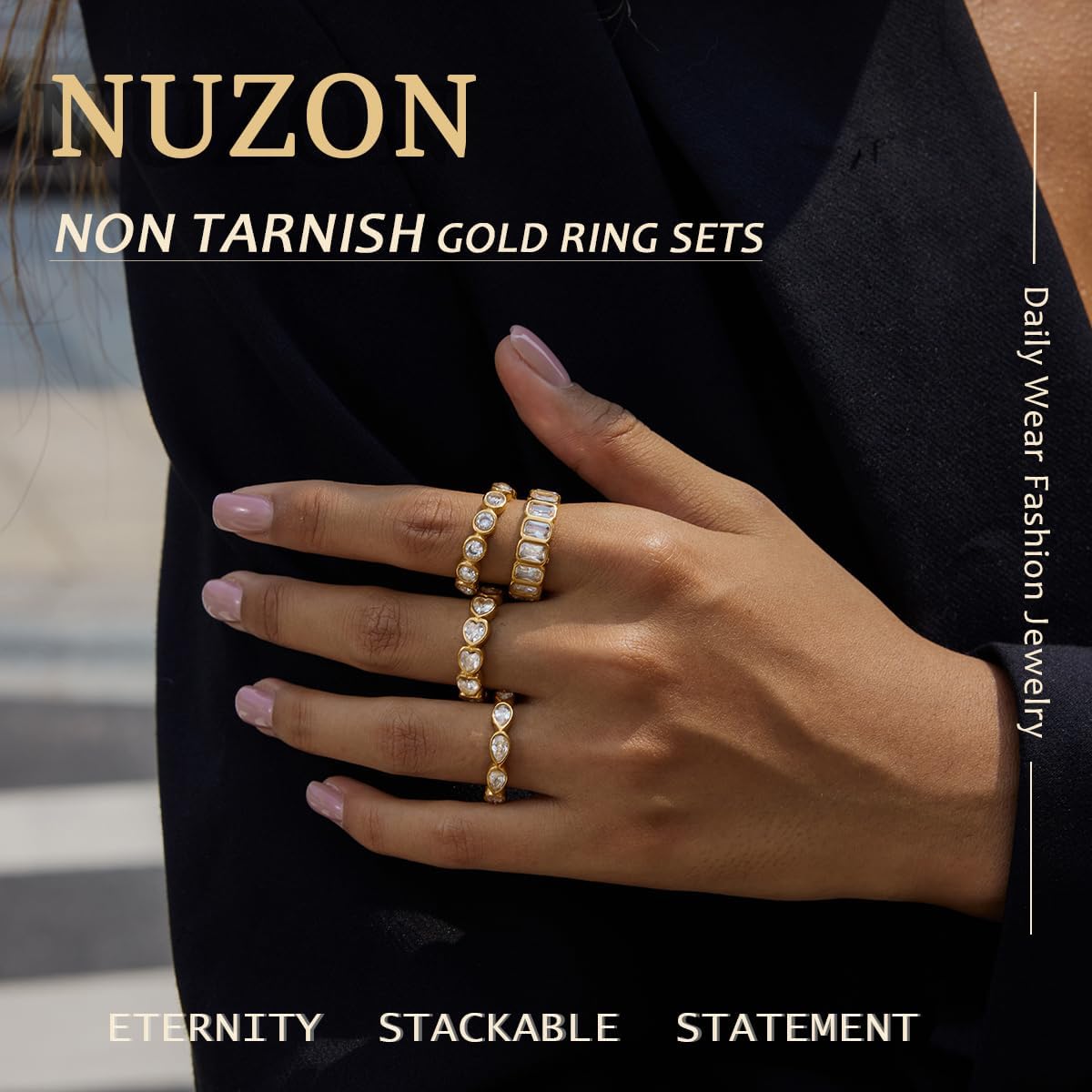 NUZON 4PCS Gold Cubic Zirconia Rings Set for Women Sparkly 14K Gold Plated Stainless Steel Stackable Ring Non-Tarnish Statement/Love/Eternity/Promise Band Jewelry for Engagement Wedding Finger 6-10 - Image 2