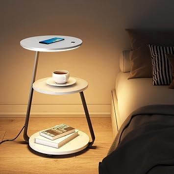 Creative Smart Bedside Table with Charging Station Night Table Slim Side Table Stylish Sofa Side Table with 3 Tier Storage Panels with 3 Color LED Lights for Bedroom Living Room Phone Sofa Side Color White marble