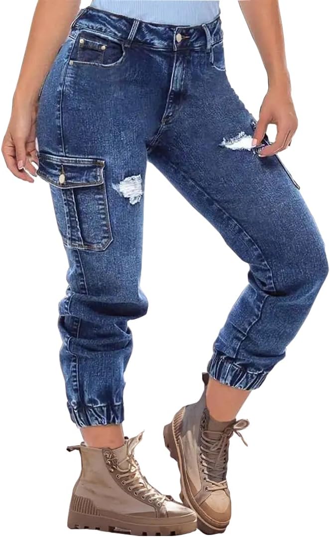 Women's Distressed Cargo Jeans with Pockets, Mid-Rise, Relaxed Fit Denim Pants