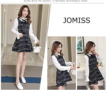 Amazon Co Jp Jomiss レディースチュニックワンピース 量産型ワンピ フォーマル セット風 長袖 フレア 大人可愛い リボン フリル ツイード 韓国ミニワンピース ブラック M 服 ファッション小物