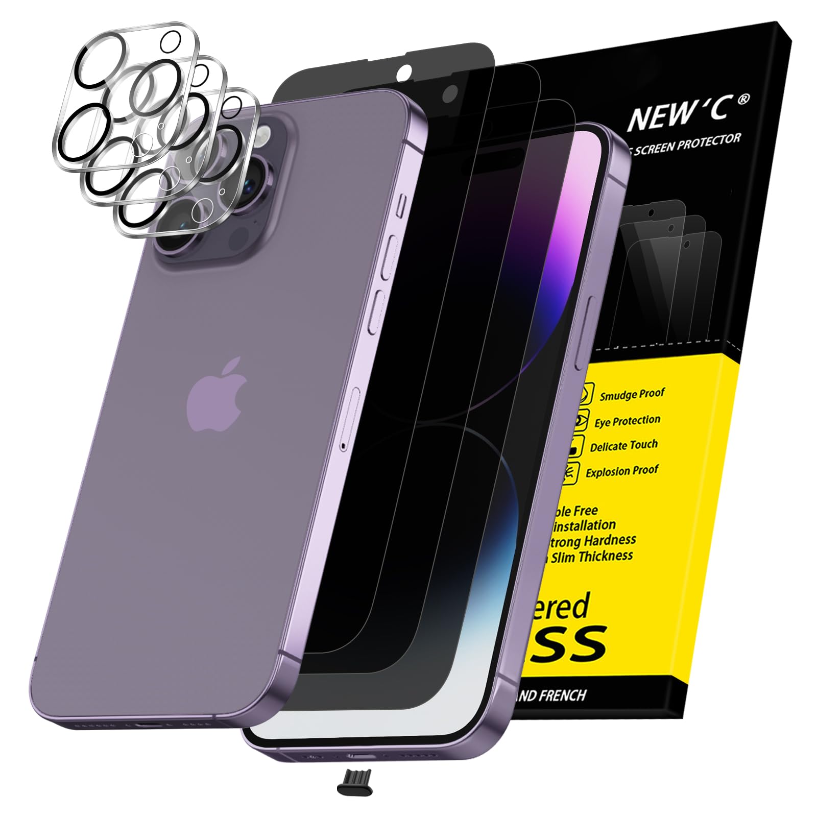NEW'C 3x Privacy for iPhone 14 Pro Screen Protector (6.1 inches)+ 3x Camera Lens Protector, Sensor Protection,Case Friendly Tempered Glass Film + Dust