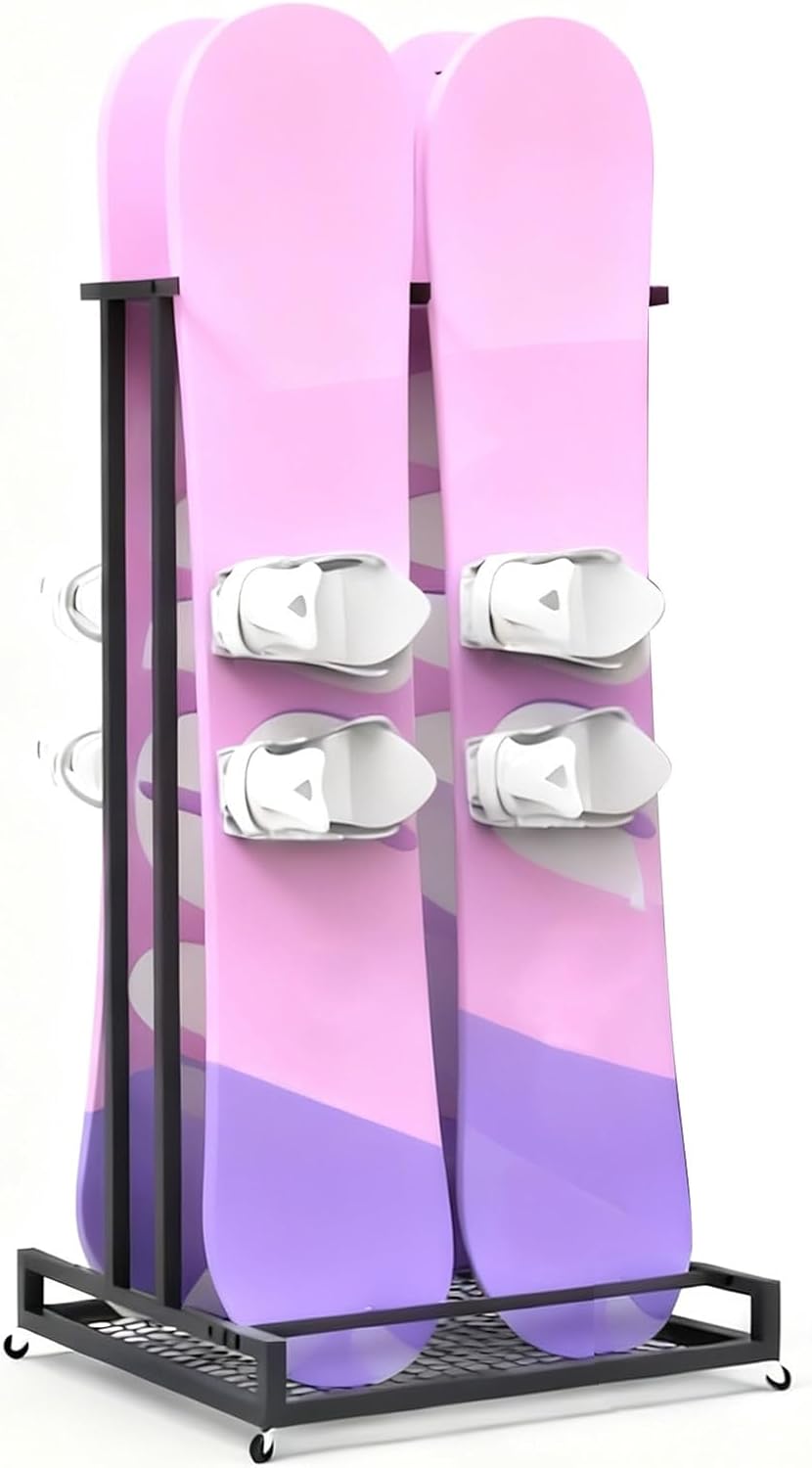 ZIMGOD Freestanding Ski Rack for Garage Floor, Black Snowboard Storage Rack with Wheels, Metal Snow Ski Display Holder, Home Basement Skateboard Organizer(Width 62cm (24 3/8"))