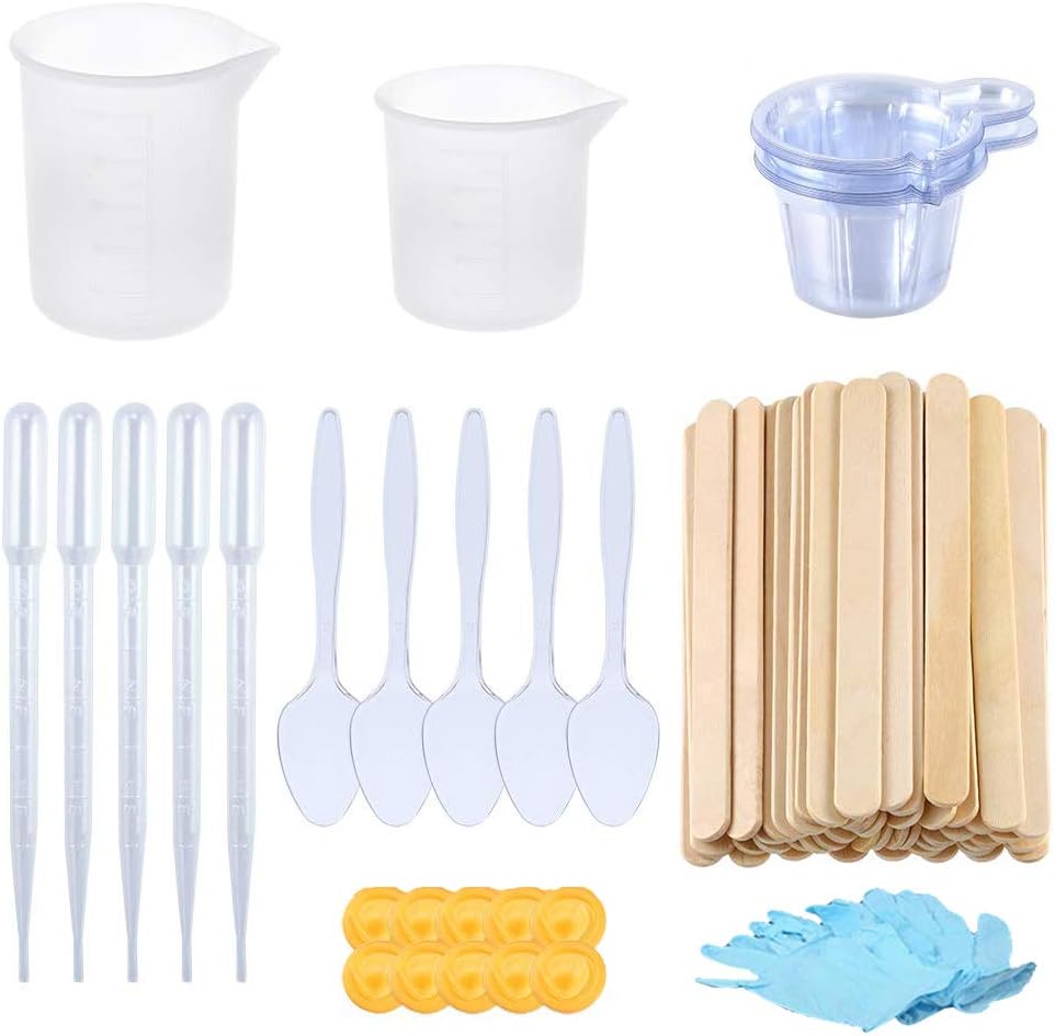 LUOSFUH 94pcs Epoxy Resin Tools Kit 1pcs 100ml & 60ml Silicone Measuring Cups, 10 Silicone Mixing Cups, 50pcs Mixing Sticks, 5 Dropping Pipette & Plastic Spoons, 10 Finger Cots 1 Pair Gloves