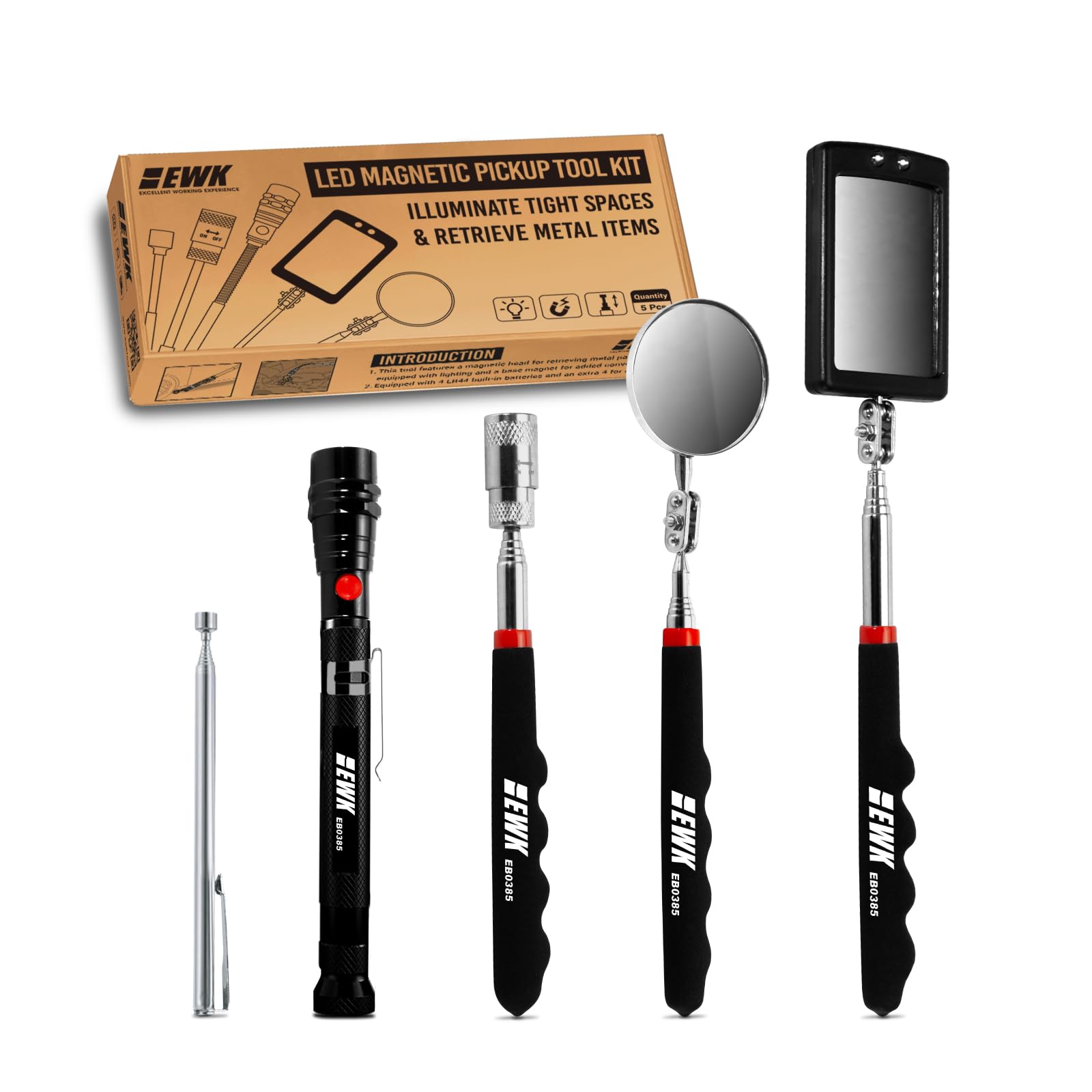 EWK 5 Pcs Telescoping Magnetic Pick Up Tool Kit with LED, Magnetic Sweepers with 1 to 8 lbs Pickup Rod, Extendable 360° Swivel Adjustable Inspection