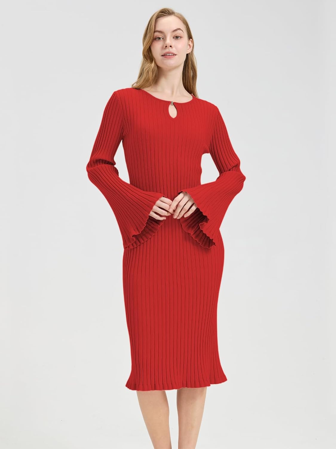 Womens Long Sleeve Midi Dress Ruffle Fitted Casual Work Dress Spring Fall Knit Sweater Dresses for Women - Image 6