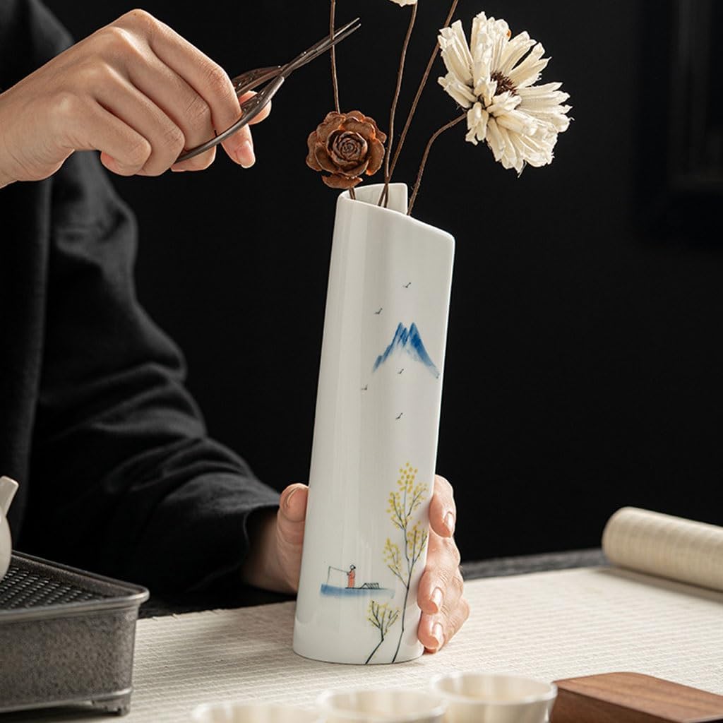 Room Decor Retro Scroll-Shaped Flower Arrangement Hand-Painted Blue and White Ceramic Flower Vases for Household Small Vase Decoration Dining Table Centerpiece Decor