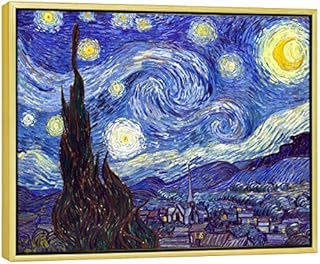 Wieco Art Gold Framed Canvas Prints of Starry Night by Vincent Van Gogh Paintings Reproduction Post-Impressionism Artwork for Living Room Home Office Decorations