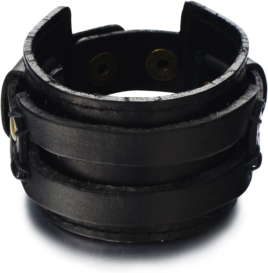 COOLSTEELANDBEYOND Metallic Genuine Leather Wristband Mens Wide Leather Bracelet with Snap Button