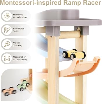 Joyreal Montessori Toddler Toys for 1+ Year Old Boys Girls Wooden Car Ramp | 4 Level Race Track, 4 Mini Cars & 2 Garages, Educational Toy Vehicle for Ages 1-2, Christmas/First Birthday Gift, Soft Color