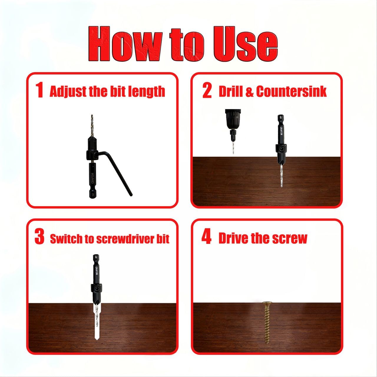 Countersink Drill Bit Set, 5 PCs Counter Sink Drill Bit Adjustable, #4, #6, #8, #10, #12, M2 High Speed Steel,1/4” Hex Shank, 5 PCs Depth Stop,1 PC Hex Key, Storage Box, Ideal for Woodworking