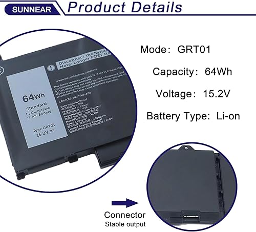 Miniatura 3 de GRT01 - Batería para portátil compatible con Dell Latitude 14 5421 5431 15 5521 5531 Precision 14 3470 15 3561 3571 Alienware m17 R5 AMD 0R05P0