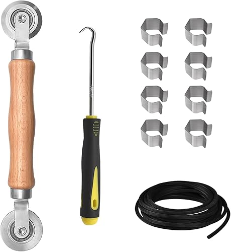 BAYTORY Kit de reparación de pantalla de ventana, herramienta de rodillo de acero con rodamiento, gancho de extracción de ranuras, ranura de