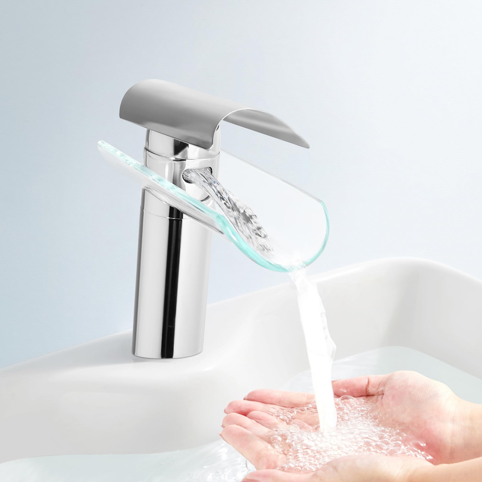 Robinet moderne cascade mitigeur de lavabo monocommande robinet de salle de bain en acier inoxydable mitigeur de lavabo pour salle de bain, argent
