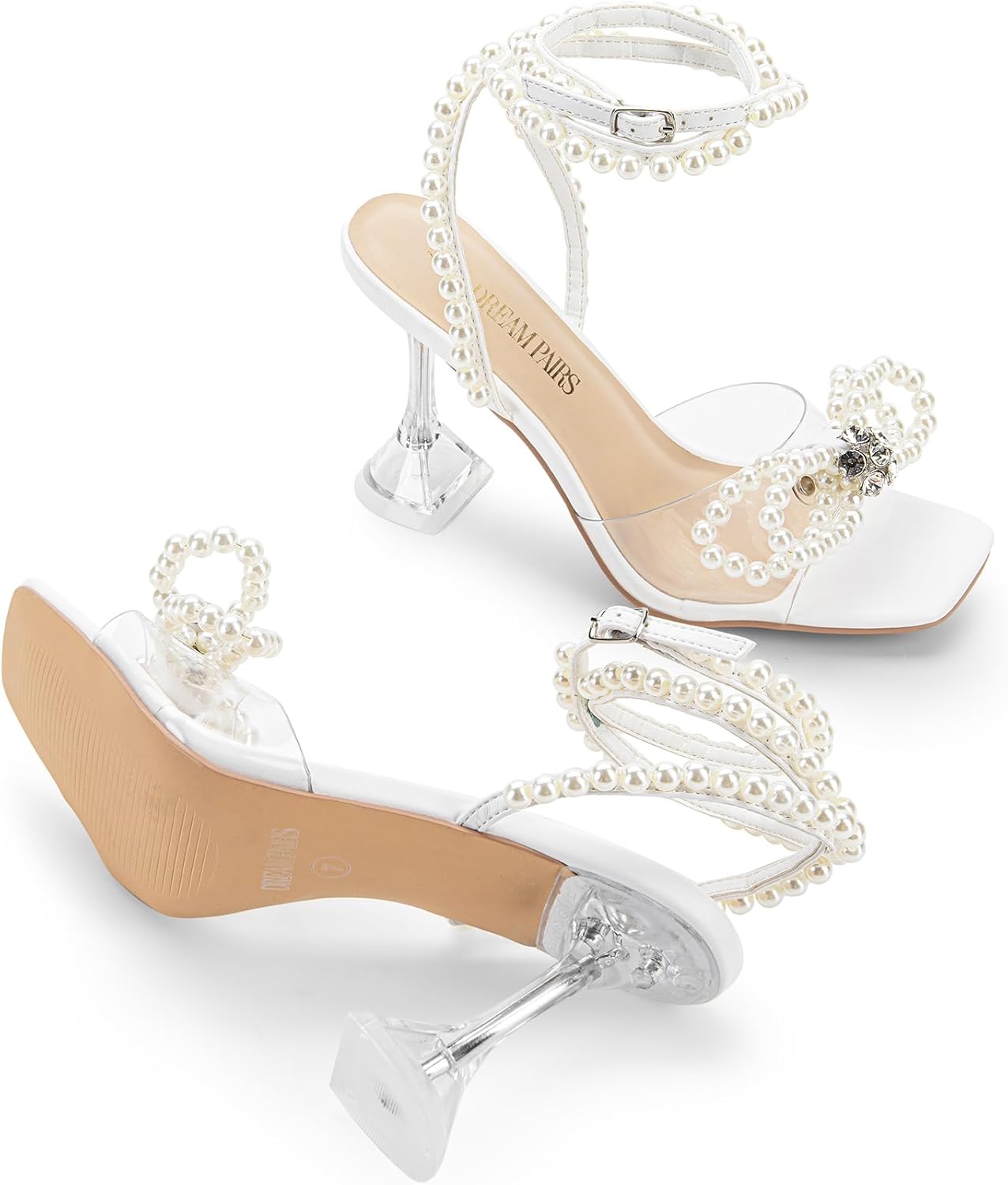 DREAM PAIRS Stiletto Bow Heels for Women Strappy Sparkly Rhinestone Square Toe Clear Crystal High Sandals for Party Wedding - Image 5