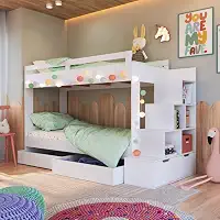 Cama Beliche Infantil Escada e Nichos com 2 Gavetões Branco