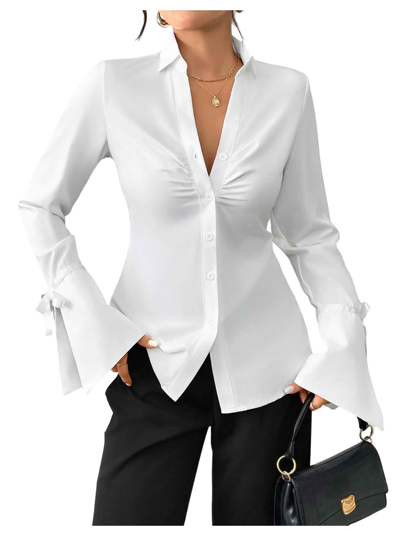 Verdusa Women's Bow Flounce Sleeve Button Up Dressy Blouse Collared Shirts Elegant Blouse, Long Sleeve Shirts, Ruffle Collar Blouse, Bow Shirts, Button Down Shirt