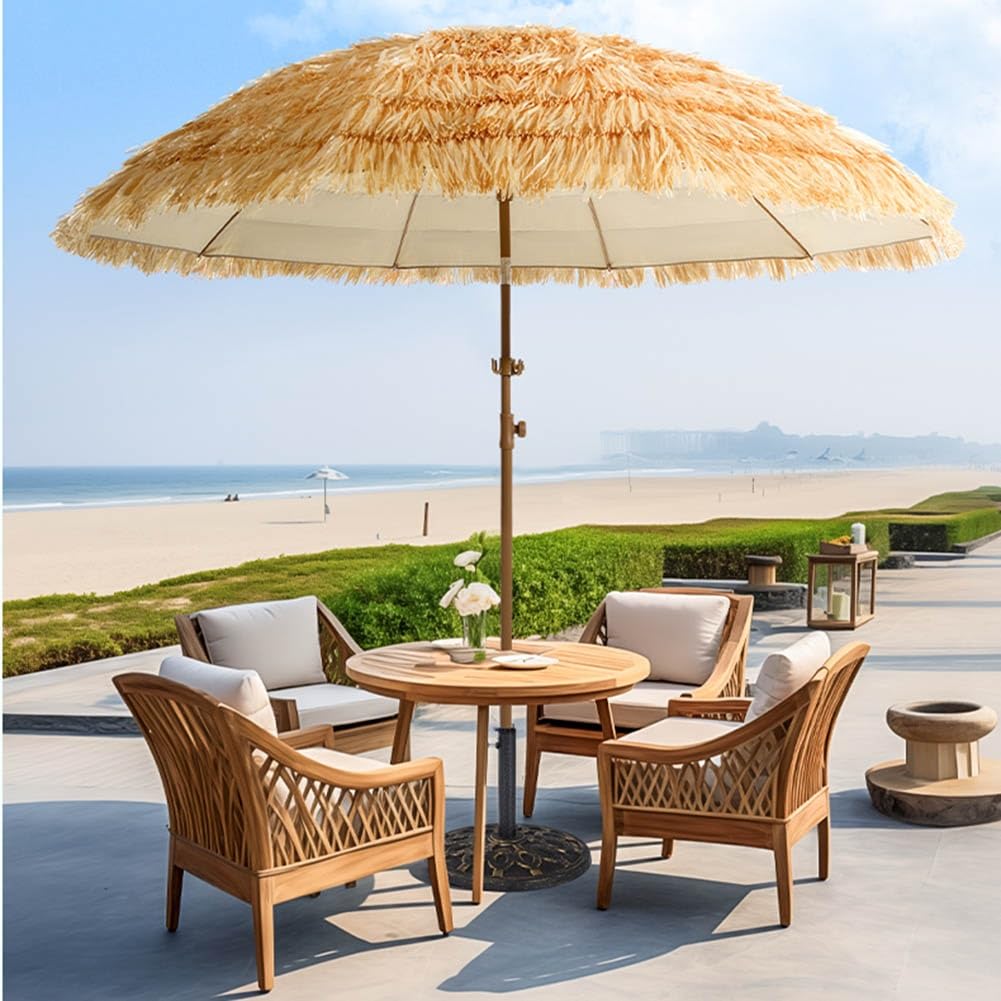 Ombrellone da Spiaggia Tropicale Antivento in Stile Tiki con palo in Ferro inclinabile e 10 Stecche in Fibra di Vetro, Parasole Portatile per Esterni, Ideale per Spiaggia e Giardino, con BOR