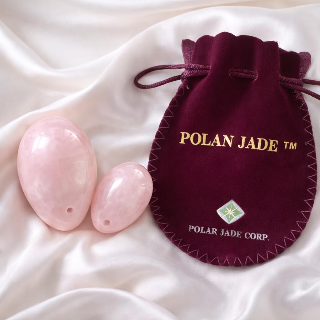 Polar Jade Set de 2 Piezas de Huevos Yoni, Huevos de Cuarzo Rosa, pre-Perforados, Hechos a Mano, 2 tamaños, pequeño y Mediano, con Hilo sin Cera en una Caja, Instrucciones de Usuario y certificados