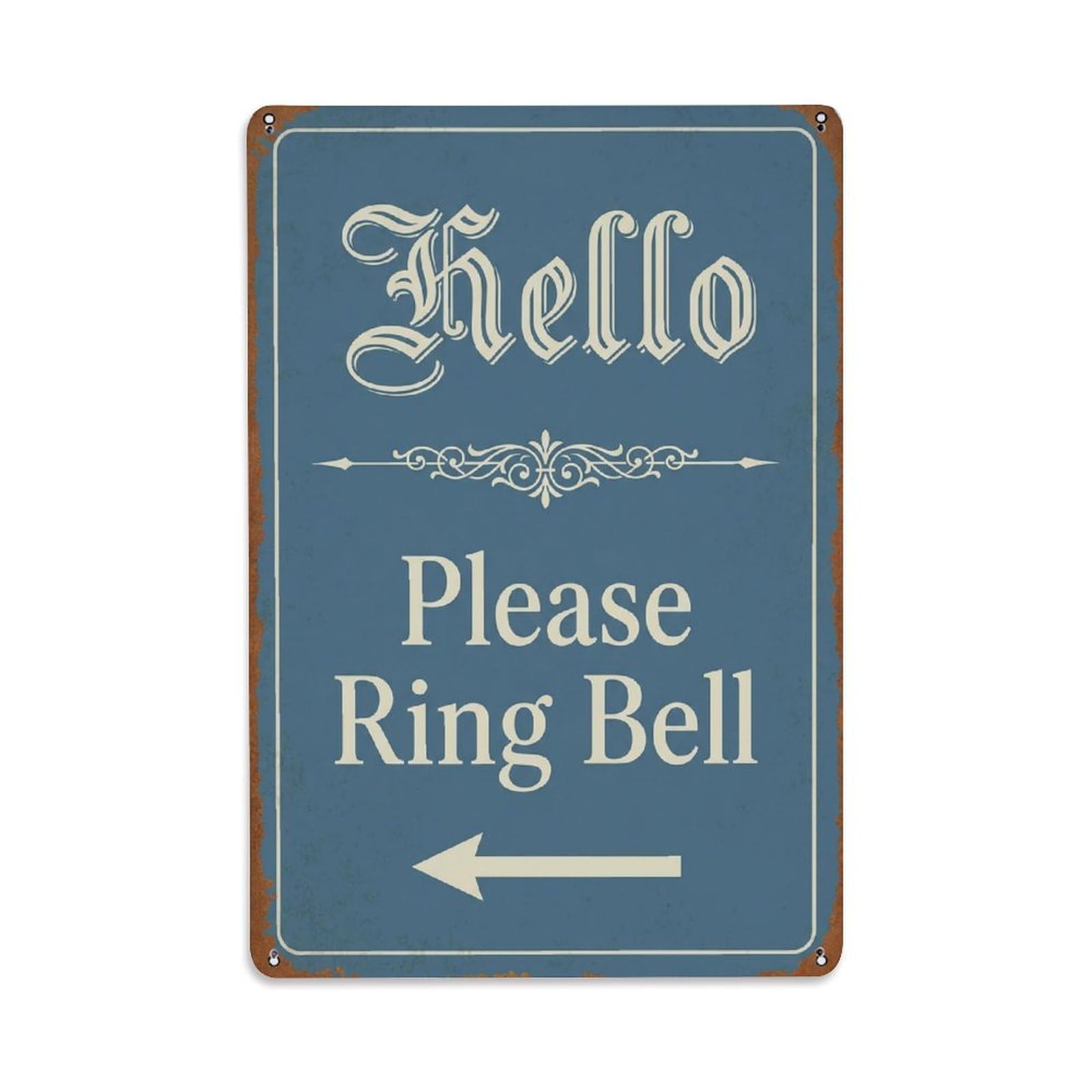 Metal Tin Sign Vintage Hello Please Ring Bell Arrow Ornate