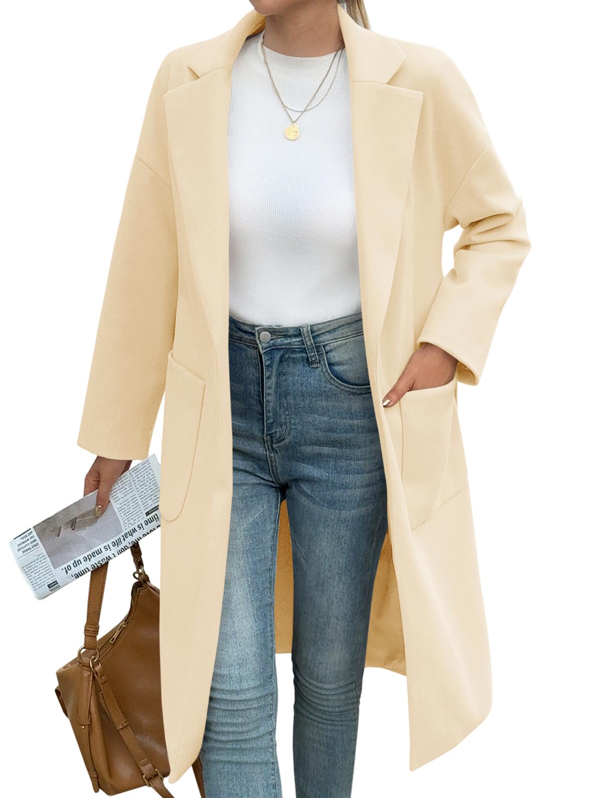 Tankaneo Womens Long Pea Coats Open Front Lapel Jackets Casual Belted Trench Coat Overcoats with Pockets