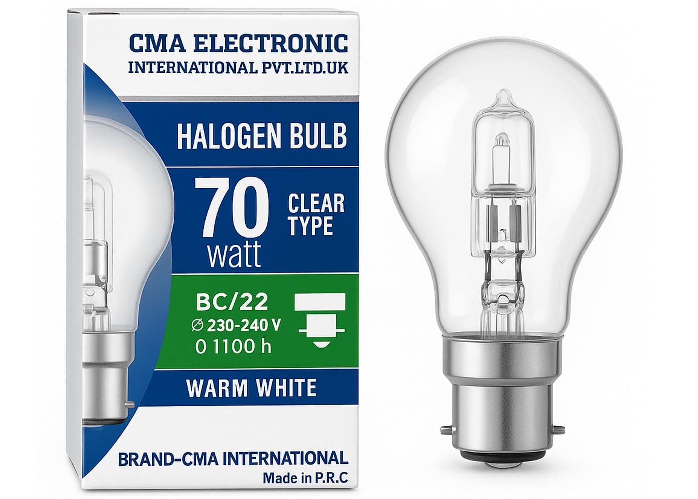 CMA 70W Halogen Bulbs Clear Glass Bayonet B22 BC Cap - Warm White 2700K Light - Instant Full Brightness - Long Life Traditional Bulb x10 Pack