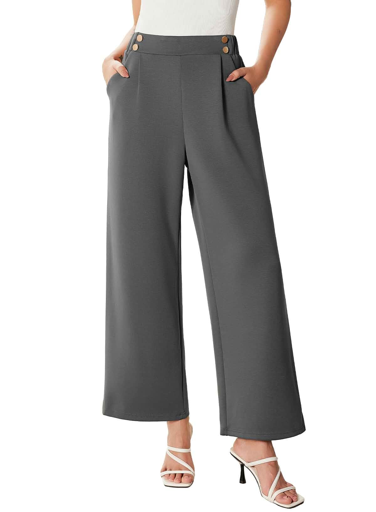 EVALESS Womens Wide Leg Work Pants Straight Elastic High Waisted Double Button Trousers Business Casual Pants with Pockets Regular