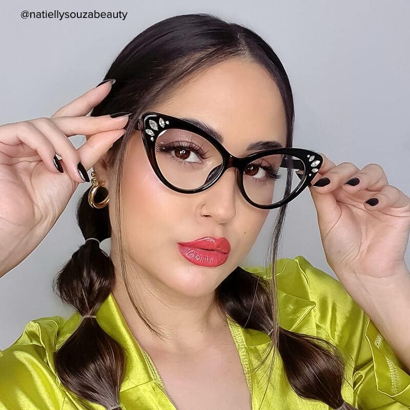 【上品で大人気♪】VOOGLAM キャットアイ ブルーライトブロックメガネ 女性用 ファッション フェイクグラス ダイヤモンド付き 目への負担防止 紫