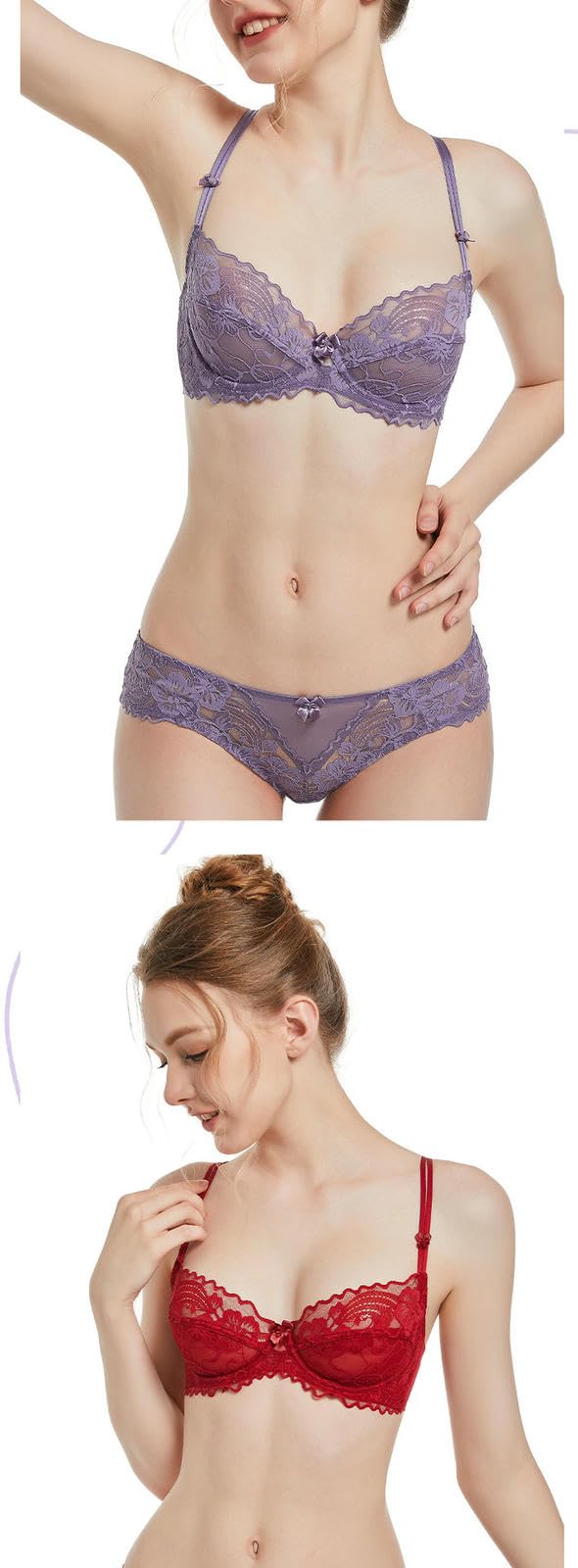 Sujetadores Conjunto De Sujetador Estilo Fino Lencería Encaje, Favorecedor Y Adelgazante, Braguita Sexy Francés -Gris Morado-70c