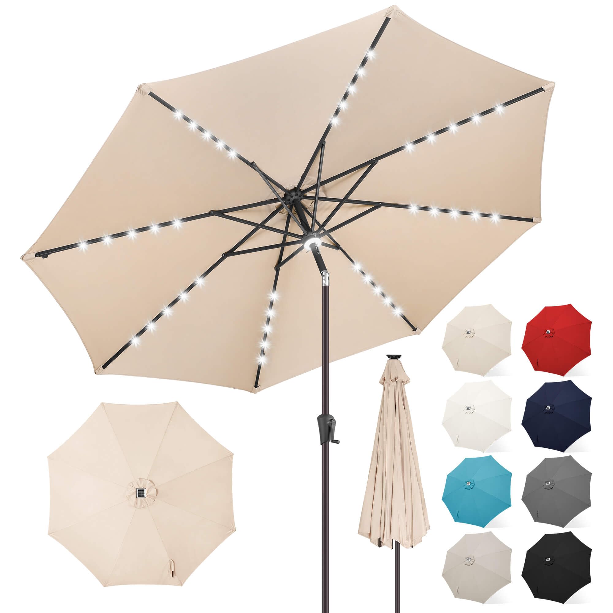 flame&shade 9 ft solar powered outdoor market patio table umbrella with led lights and tilt, beige