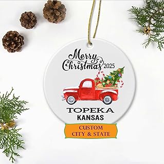 New Home Ornaments 2025 with Custom Name City State Topeka Kansas Ornament - Red Truck with Christmas Tree, Keepsake Present for Family Ornament 3" Flat Plastic