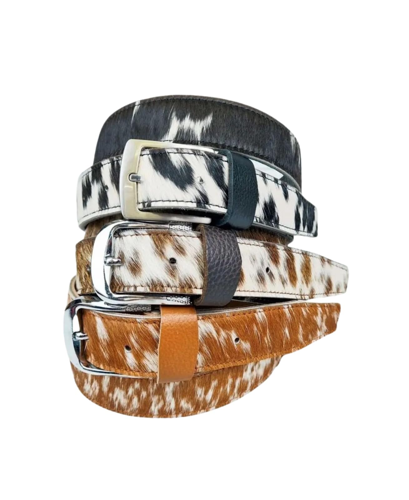 REAL COWHIDE HAIR-ON LEATHER BELTS - UNISEX GENUINE LEATHER BELT (26-46 Waist) (Black & White, 46 inches)