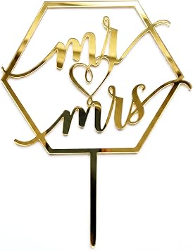 Shiny Acrylic Mr and Mrs Wedding Cake Topper, 7.5" x 6" Gold Mr & Mrs Sign, Elegant Bride and Groom Cake Decoration for Engagement Bridal Shower Anniversary