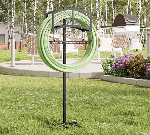 Kingson Soporte portátil para manguera de jardín con cesta de almacenamiento, construcción de...