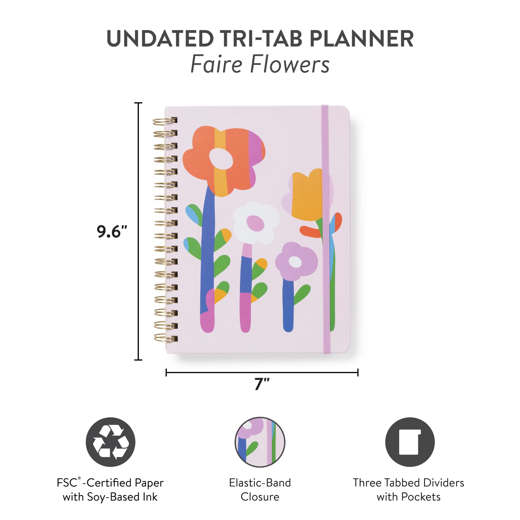 Agenda giornaliera senza date, planner settimanale e mensile con adesivi, calendario Orange Circle Studio 17 mesi, 17,8 x 24,4 cm, ideale per scuola e ufficio, planner Tri-Tab, stampa fiera floreale