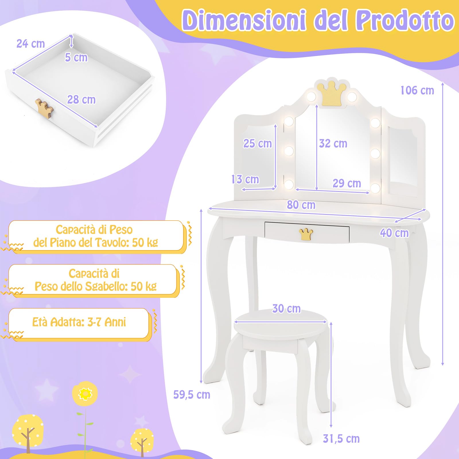 COSTWAY Set Toeletta Trucco per Bambina con Sgabello, Tavolo Trucco Triplo Specchio Staccabile con Luci LED a 3 Colori, Postazione Trucco con Cassetto e Accessori, per Bambine 3-7 Anni (Bianco)