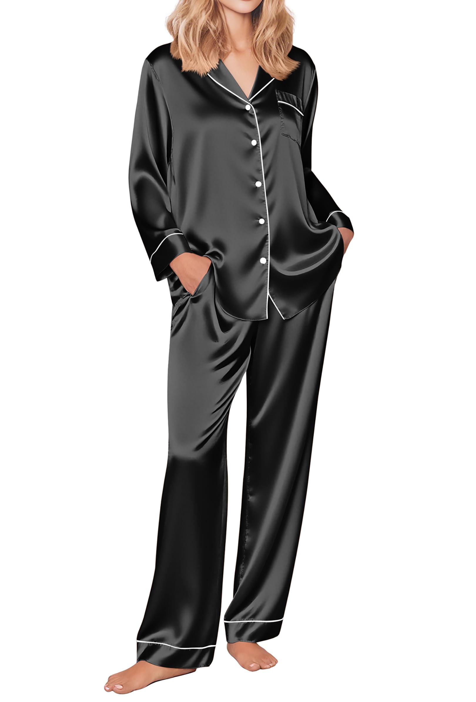 Ekouaer Silk Satin Pajamas Women's Long Sleeve Pj Set Soft Button Down 2 Piece Sleepwear Loungewear S-XXL