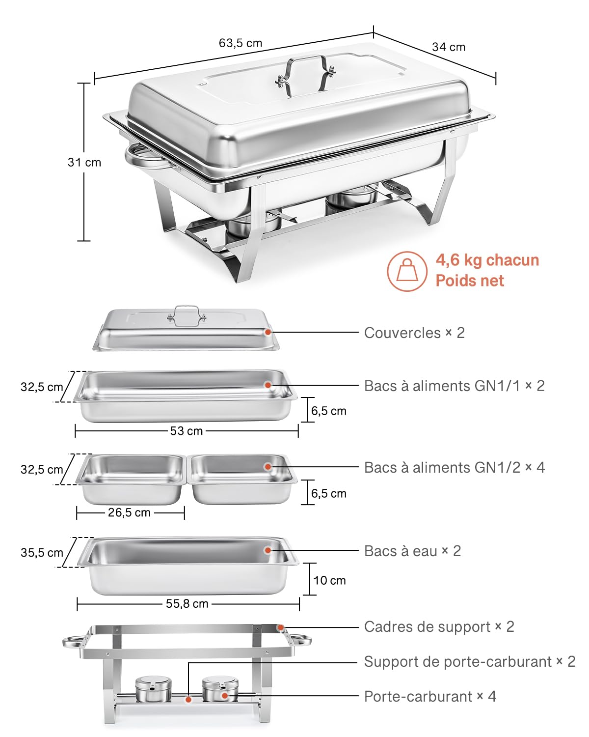 WILPREP Lot de 2 Chafing Dish Buffet 8,5L, Buffet Chauffant Chauffe Plat en Acier INOX Alimentaire avec Cadre Pliable (2×GN1/1+4×GN1/2)