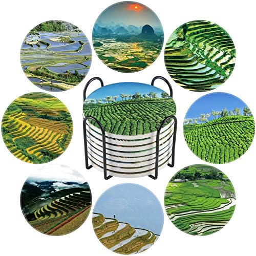 Coasters for Drinks, Absorbent Ceramic Coasters for Coffee Table, Heat-Resistant Coasters Set of 8 with Holder for Wooden Tabletop Protection