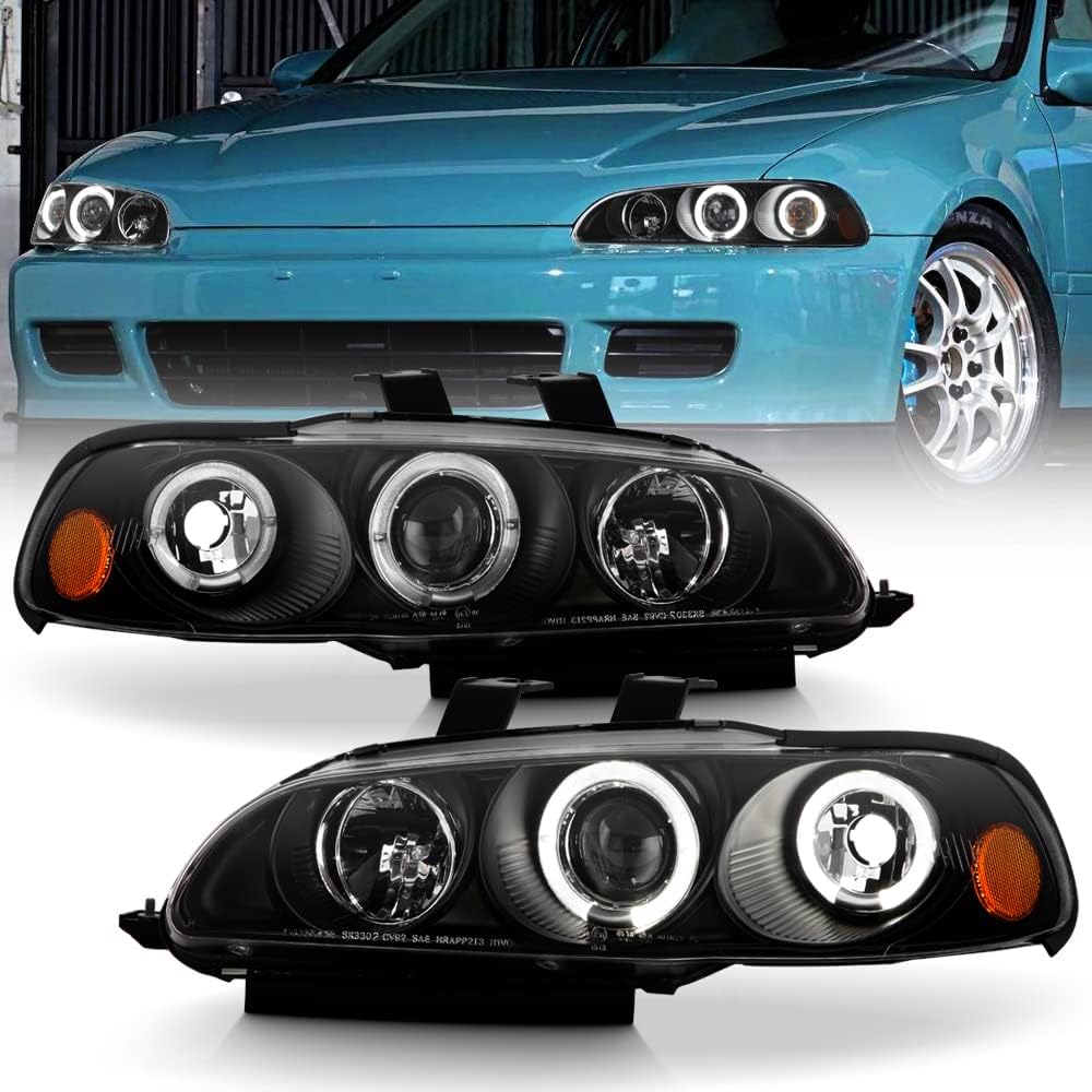 ACANII - For 1992-1995 Honda Civic Coupe|Hatchback LED Halo Ring Black Projector Headlights Headlamps, Driver & Passenge