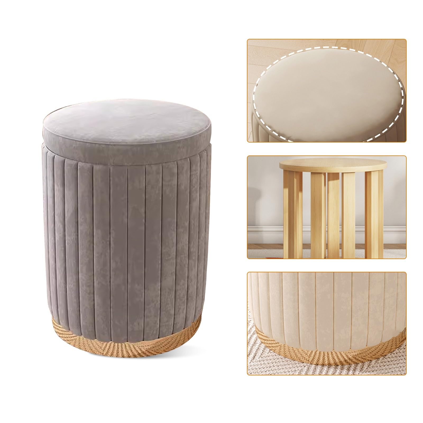 Pouf Contenitore Rotondo con Seduta Imbottita e Coperchio, Sgabello Morbido in Lino Verde per Camera da Letto e Soggiorno, 34x45 cm